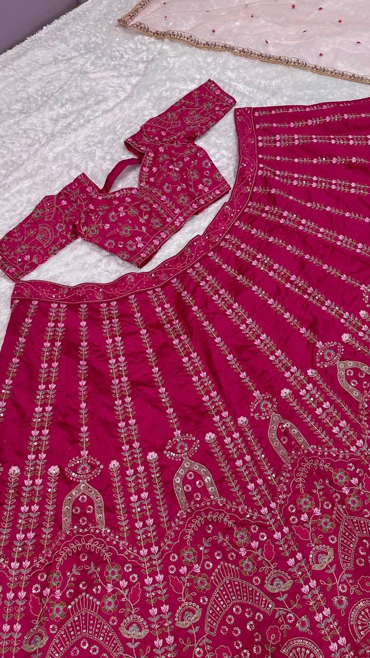 Pink Color Thread With Sequence Work Designer Wedding Wear Lehenga Choli