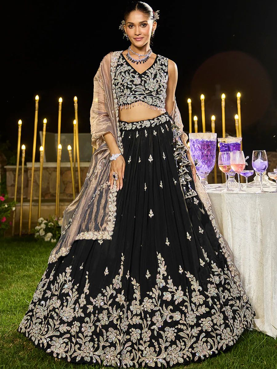 Black - Satin Silk Fabric Beads & Sequince Embroidered Ready to Wear Lehenga Choli & Dupatta