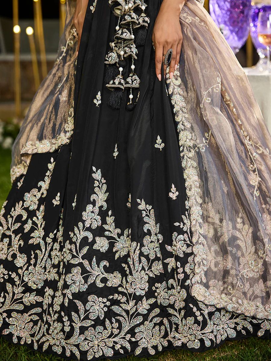 Black - Satin Silk Fabric Beads & Sequince Embroidered Ready to Wear Lehenga Choli & Dupatta