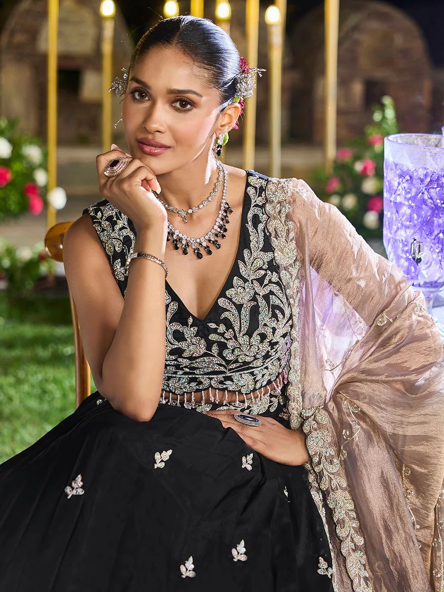Black - Satin Silk Fabric Beads & Sequince Embroidered Ready to Wear Lehenga Choli & Dupatta