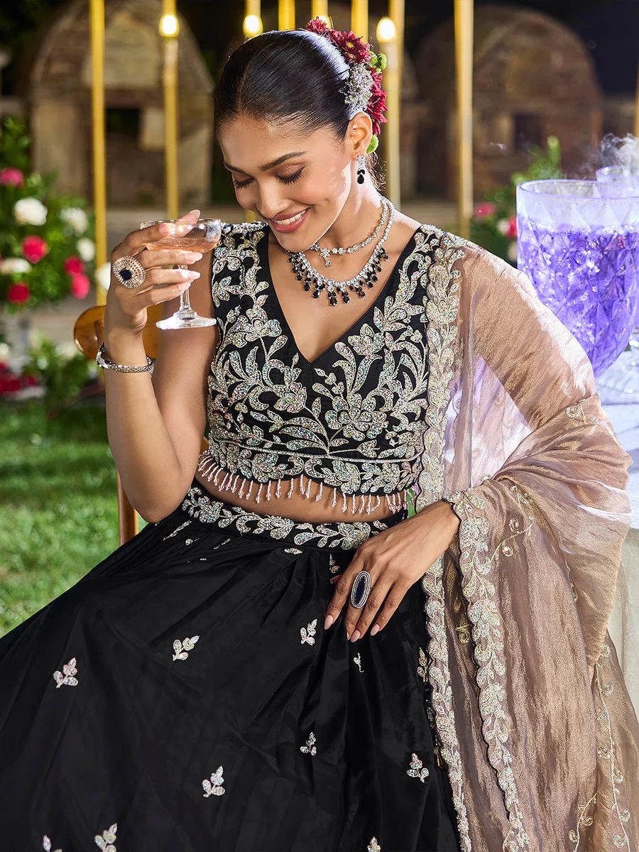 Black - Satin Silk Fabric Beads & Sequince Embroidered Ready to Wear Lehenga Choli & Dupatta