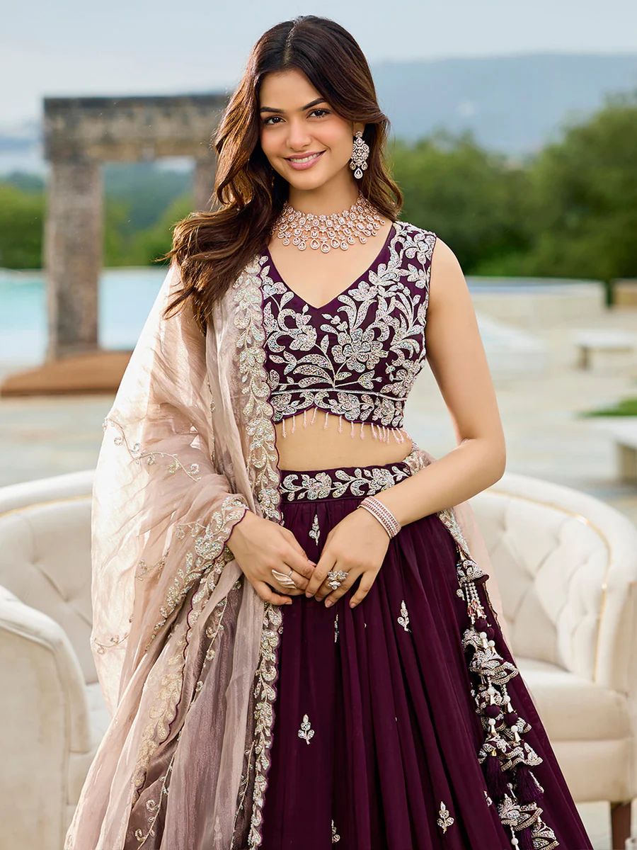 Wine Satin Silk Beads & Sequins Embroidered Ready to Wear Bridesmaid Lehenga