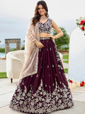Wine Satin Silk Beads & Sequins Embroidered Ready to Wear Bridesmaid Lehenga
