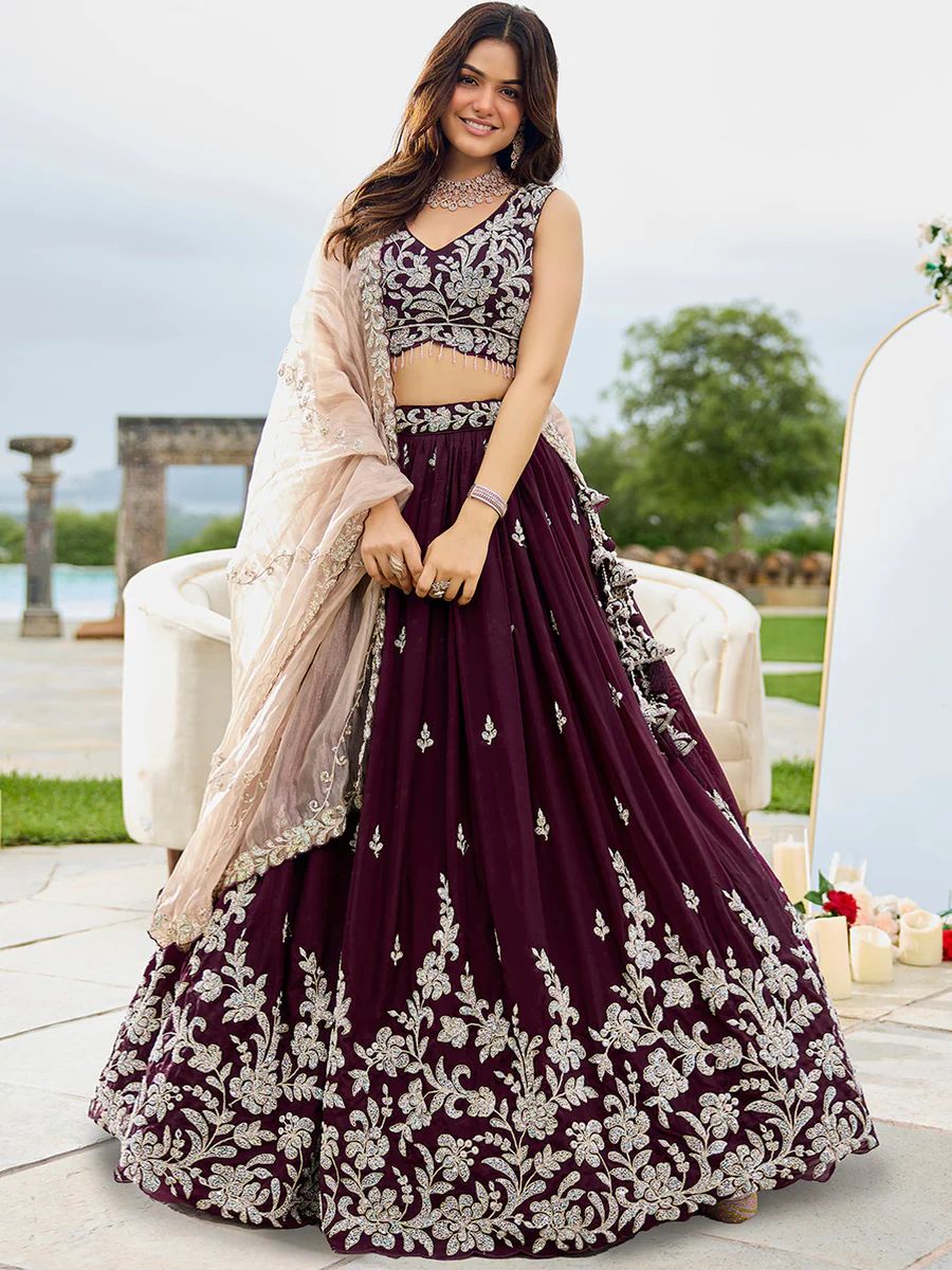 Wine Satin Silk Beads & Sequins Embroidered Ready to Wear Bridesmaid Lehenga