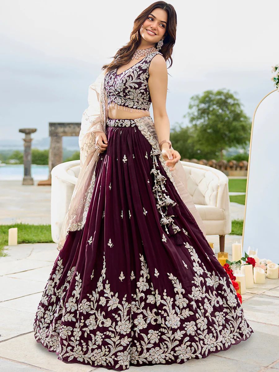 Wine Satin Silk Beads & Sequins Embroidered Ready to Wear Bridesmaid Lehenga