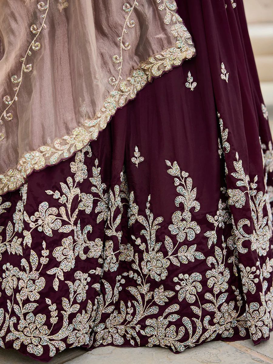 Wine Satin Silk Beads & Sequins Embroidered Ready to Wear Bridesmaid Lehenga