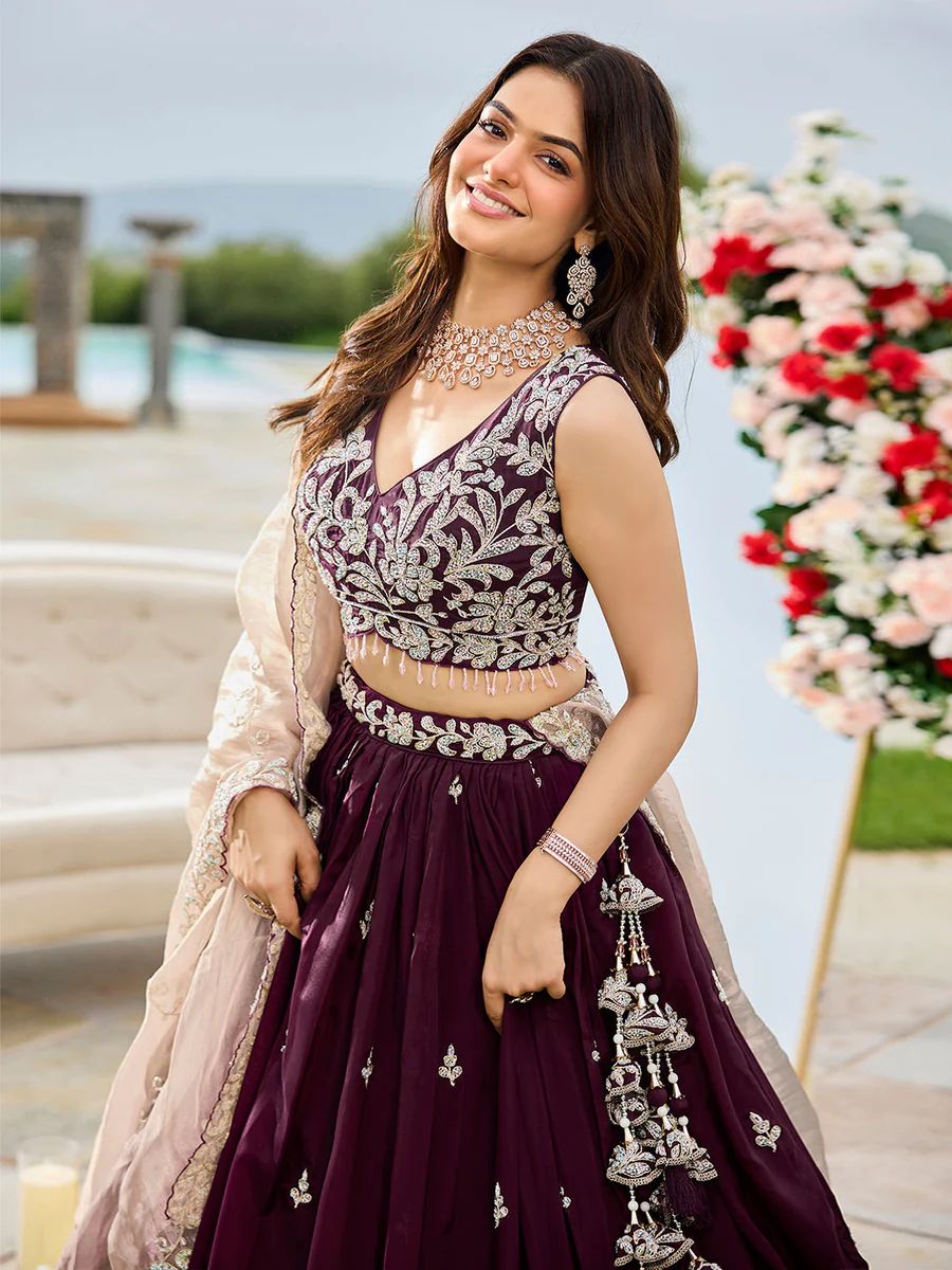 Wine Satin Silk Beads & Sequins Embroidered Ready to Wear Bridesmaid Lehenga