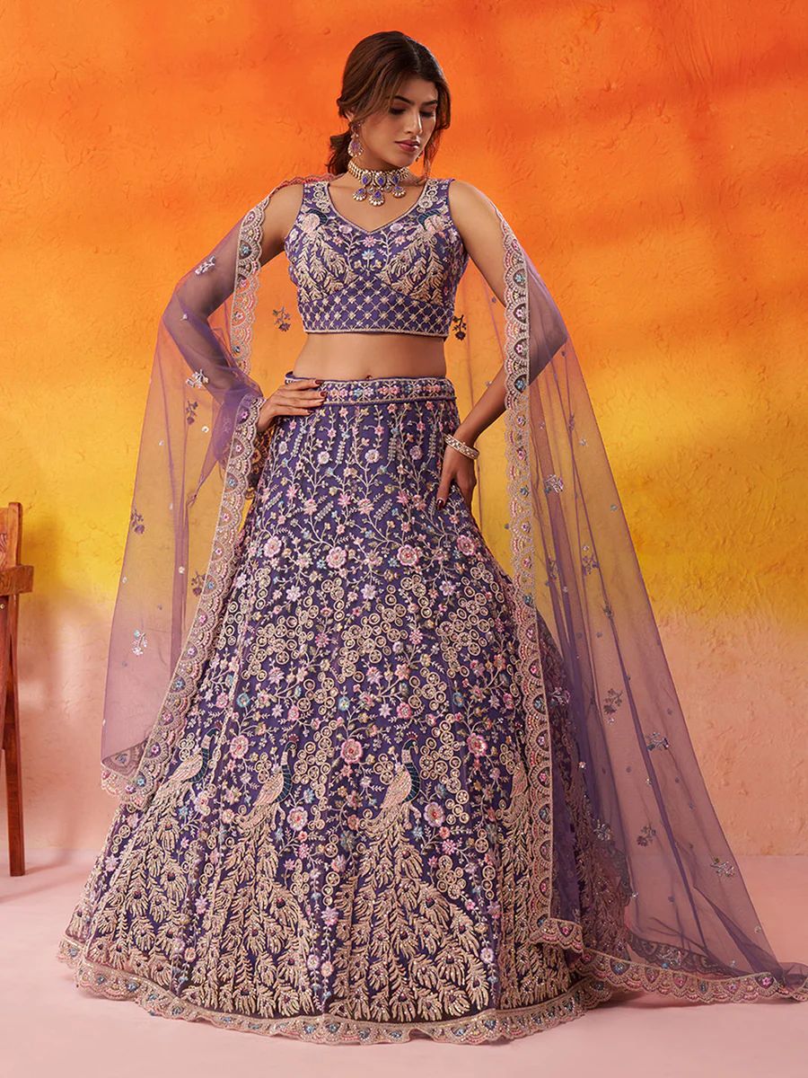 PURPLE - Net Fabric Sequins embroidery Semi-Stitched Lehenga & Unstitched Blouse With Dupatta