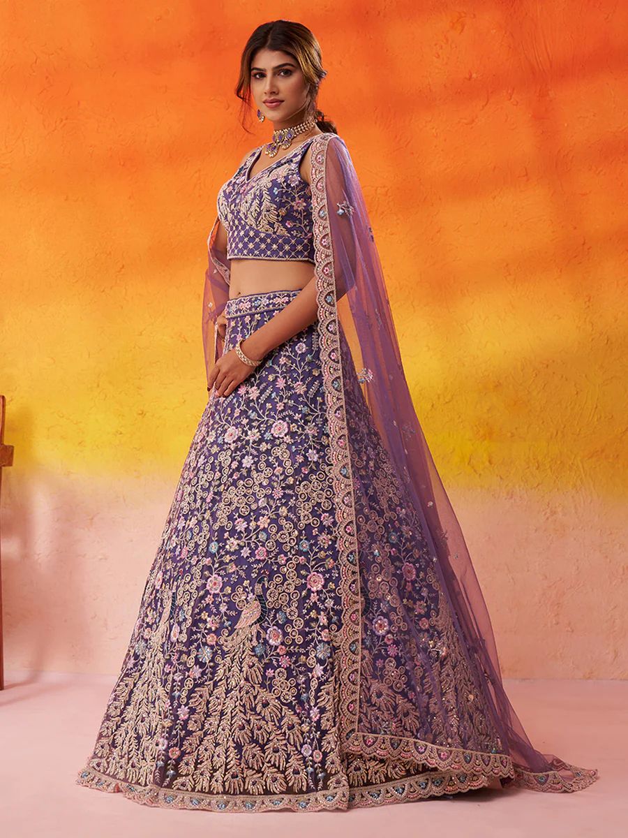 PURPLE - Net Fabric Sequins embroidery Semi-Stitched Lehenga & Unstitched Blouse With Dupatta