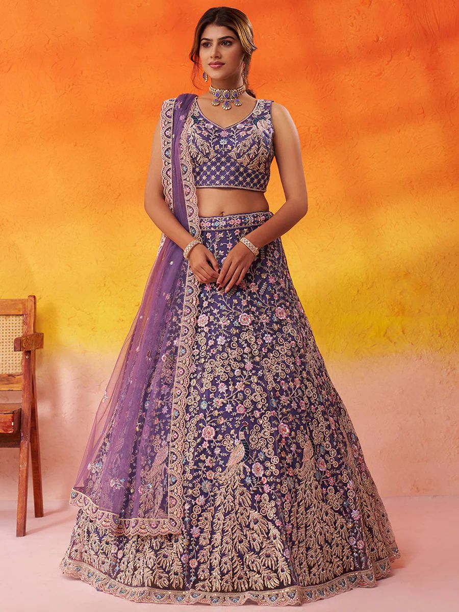 PURPLE - Net Fabric Sequins embroidery Semi-Stitched Lehenga & Unstitched Blouse With Dupatta