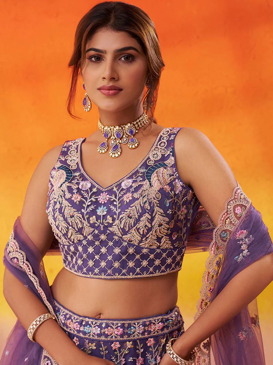 PURPLE - Net Fabric Sequins embroidery Semi-Stitched Lehenga & Unstitched Blouse With Dupatta