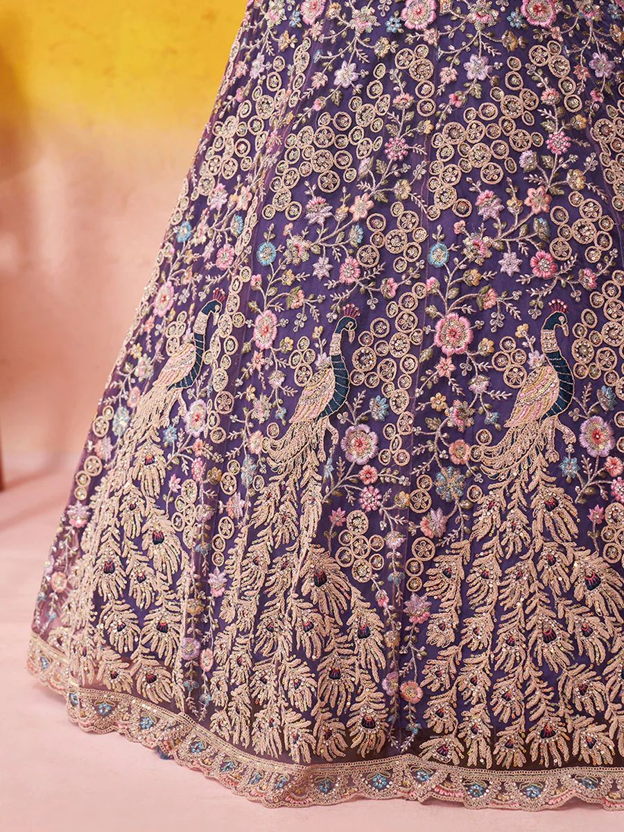 PURPLE - Net Fabric Sequins embroidery Semi-Stitched Lehenga & Unstitched Blouse With Dupatta