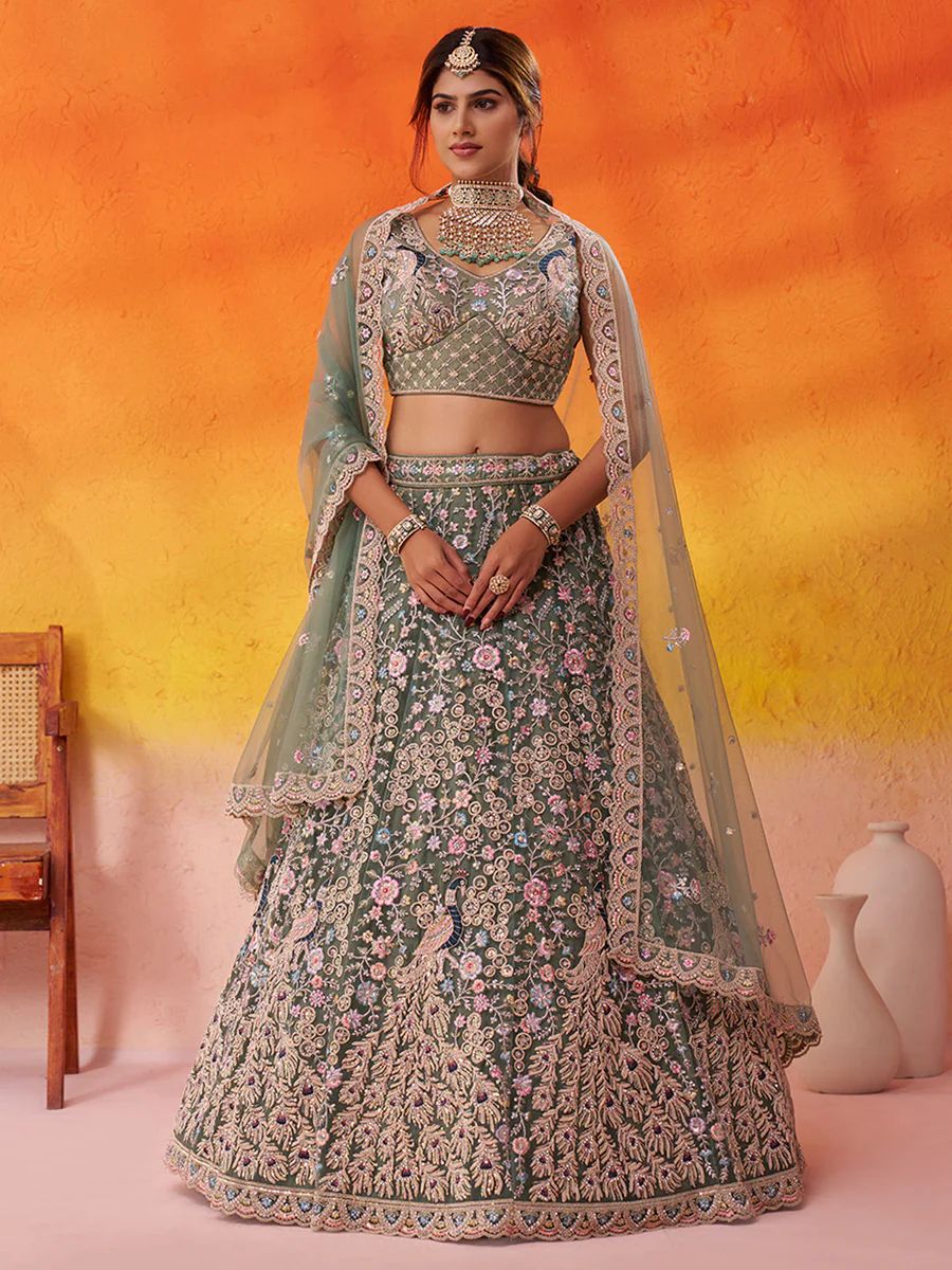 LIMEGREEN - Net Fabric Sequins embroidery Semi-Stitched Lehenga & Unstitched Blouse With Dupatta
