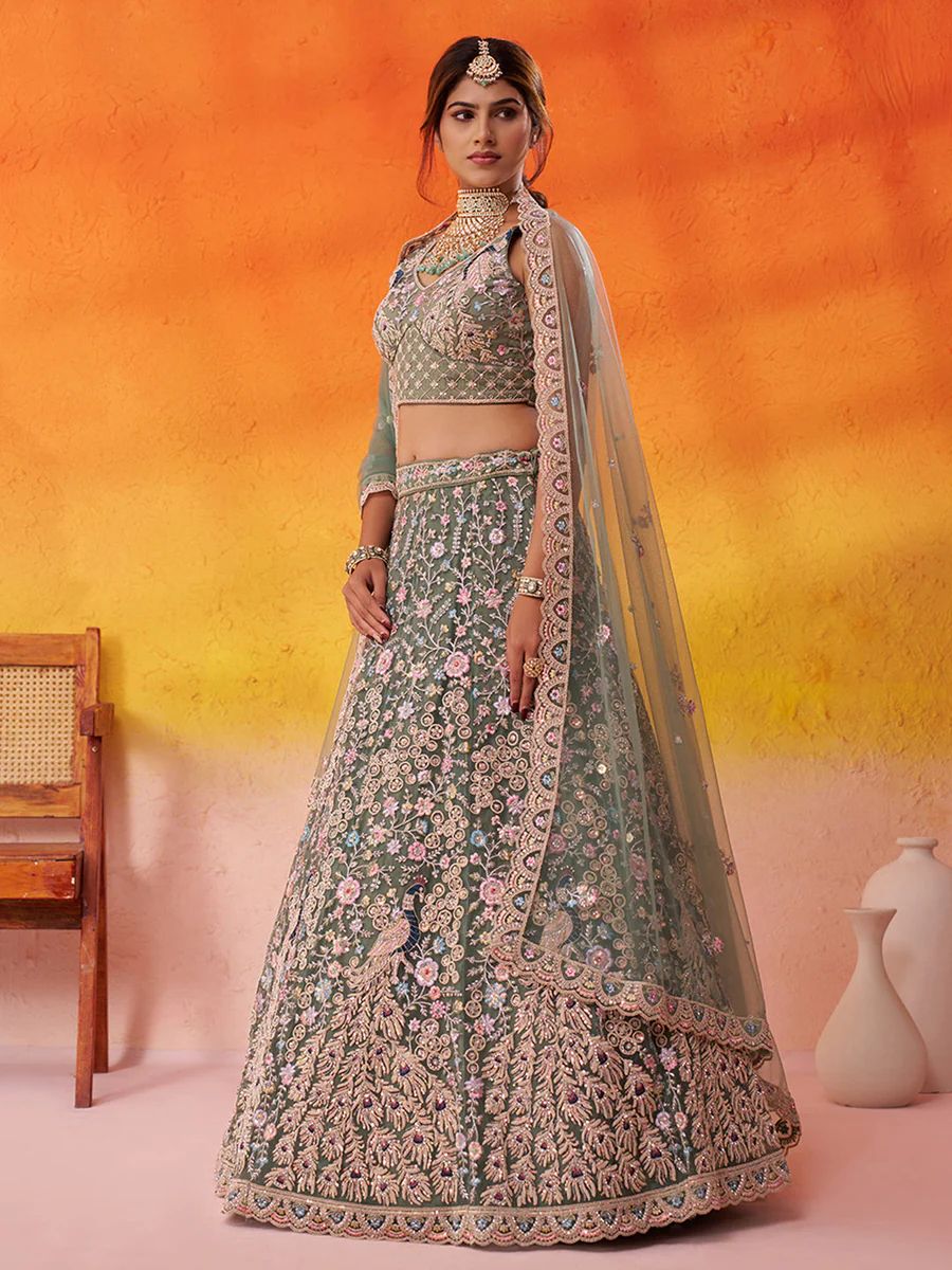LIMEGREEN - Net Fabric Sequins embroidery Semi-Stitched Lehenga & Unstitched Blouse With Dupatta