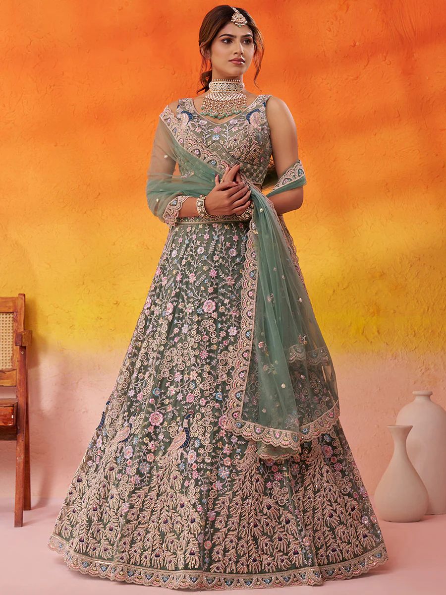 LIMEGREEN - Net Fabric Sequins embroidery Semi-Stitched Lehenga & Unstitched Blouse With Dupatta