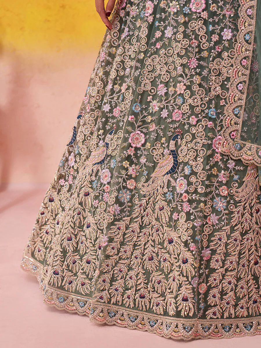 LIMEGREEN - Net Fabric Sequins embroidery Semi-Stitched Lehenga & Unstitched Blouse With Dupatta