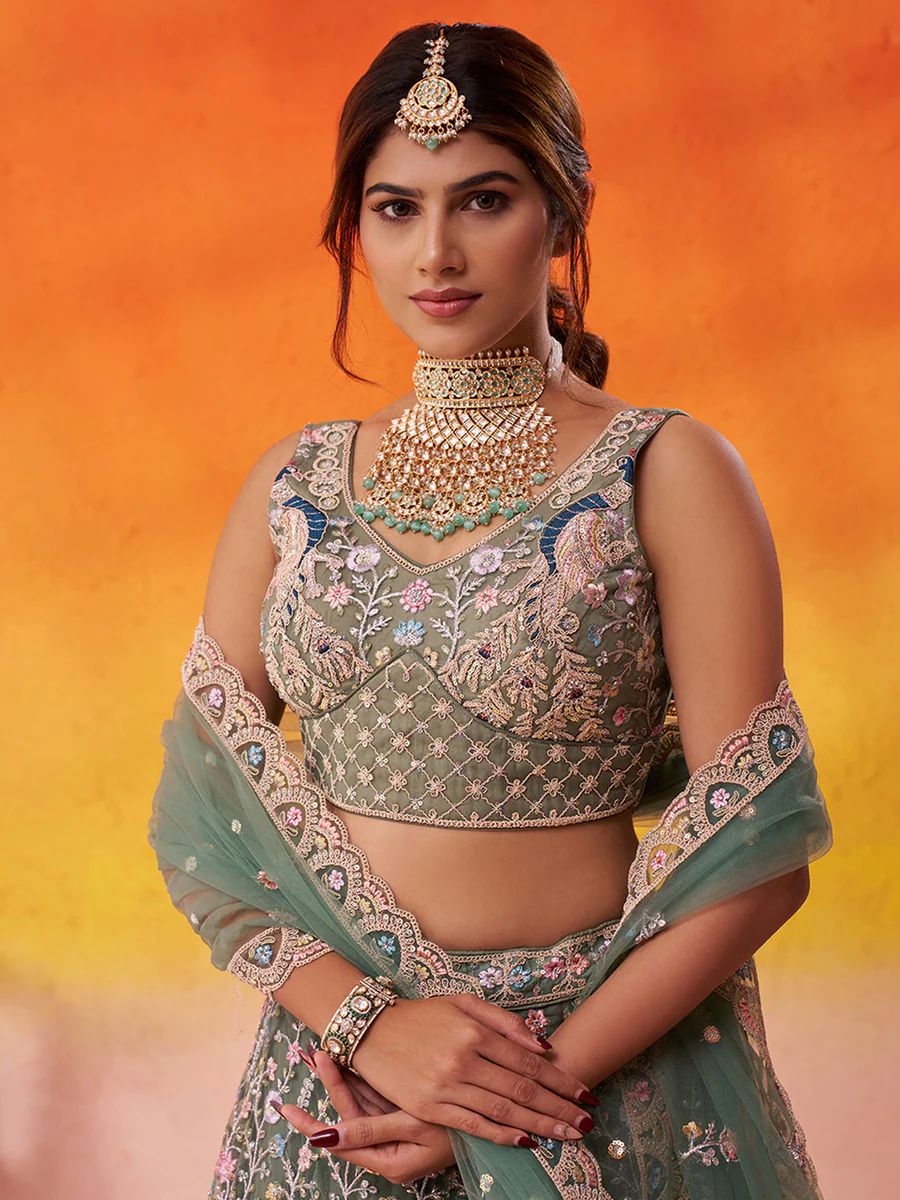 LIMEGREEN - Net Fabric Sequins embroidery Semi-Stitched Lehenga & Unstitched Blouse With Dupatta