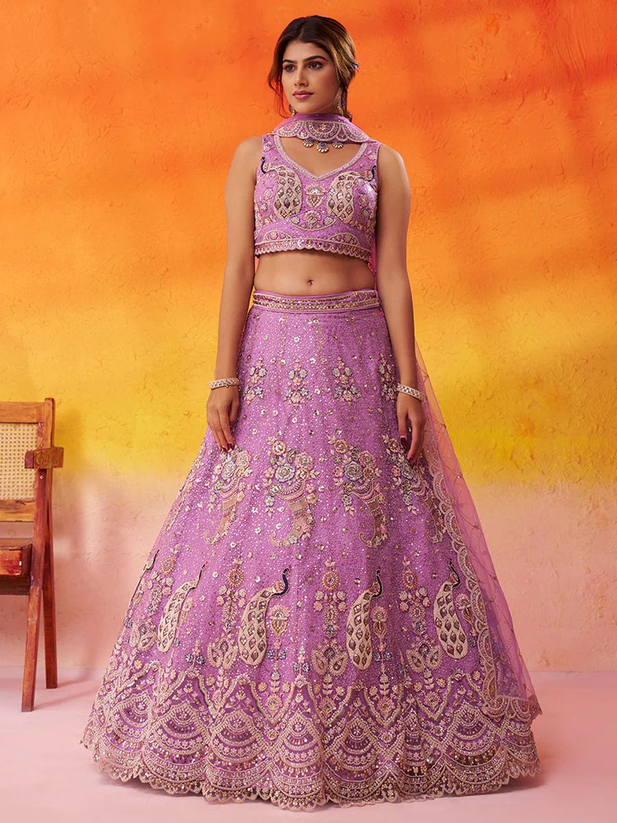 MAUVE - Net Fabric Sequins embroidery Semi-Stitched Lehenga & Unstitched Blouse With Dupatta