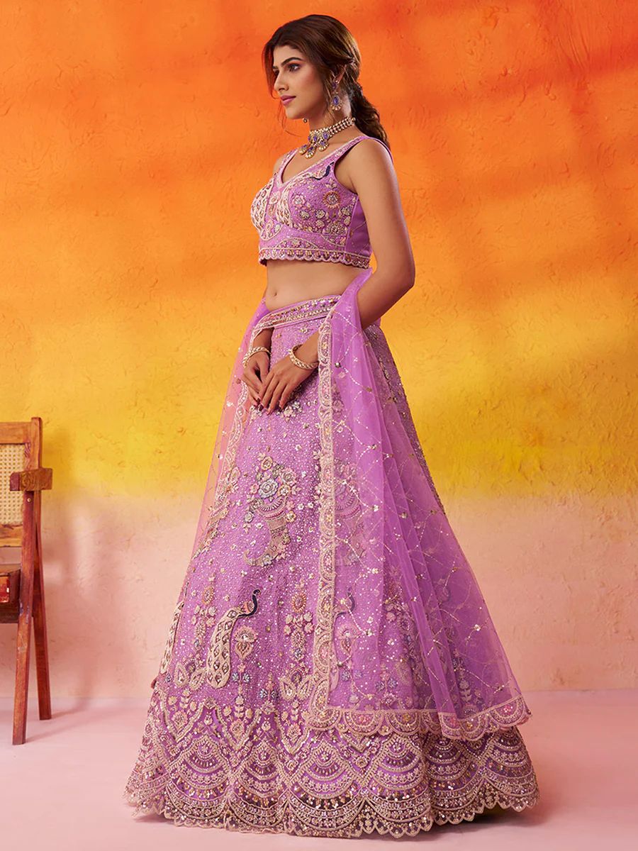 MAUVE - Net Fabric Sequins embroidery Semi-Stitched Lehenga & Unstitched Blouse With Dupatta