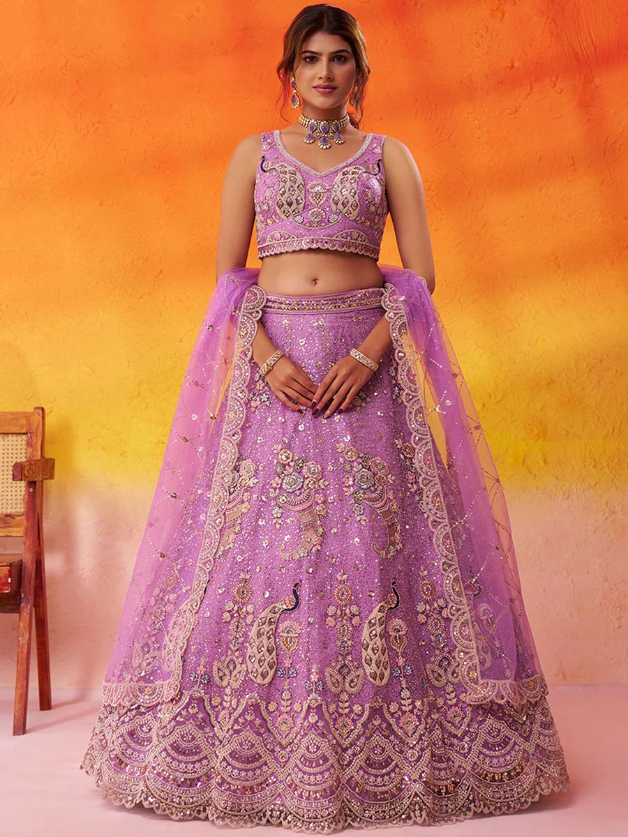 MAUVE - Net Fabric Sequins embroidery Semi-Stitched Lehenga & Unstitched Blouse With Dupatta