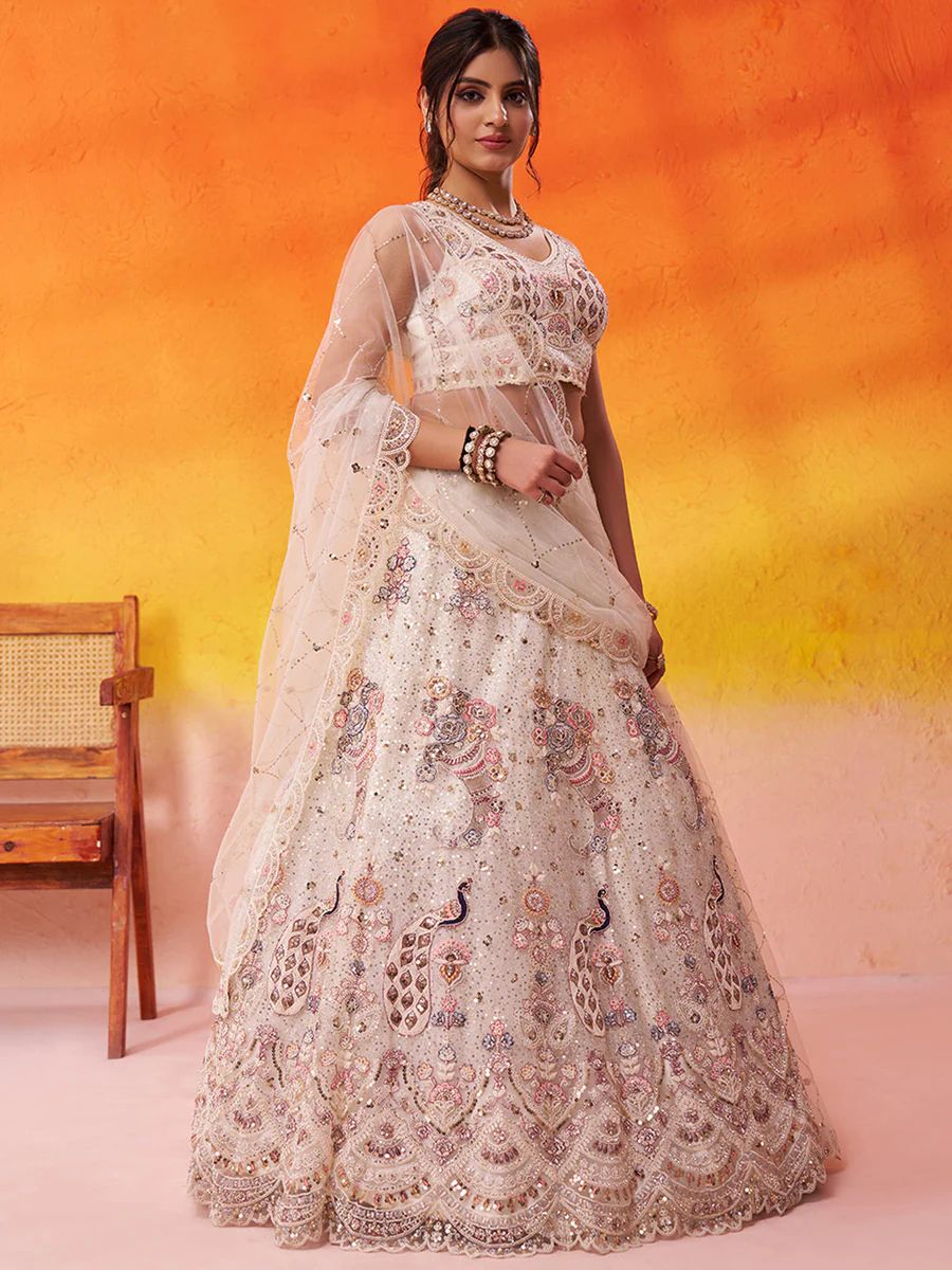 CREAM - Net Fabric Sequins embroidery Semi-Stitched Lehenga & Unstitched Blouse With Dupatta