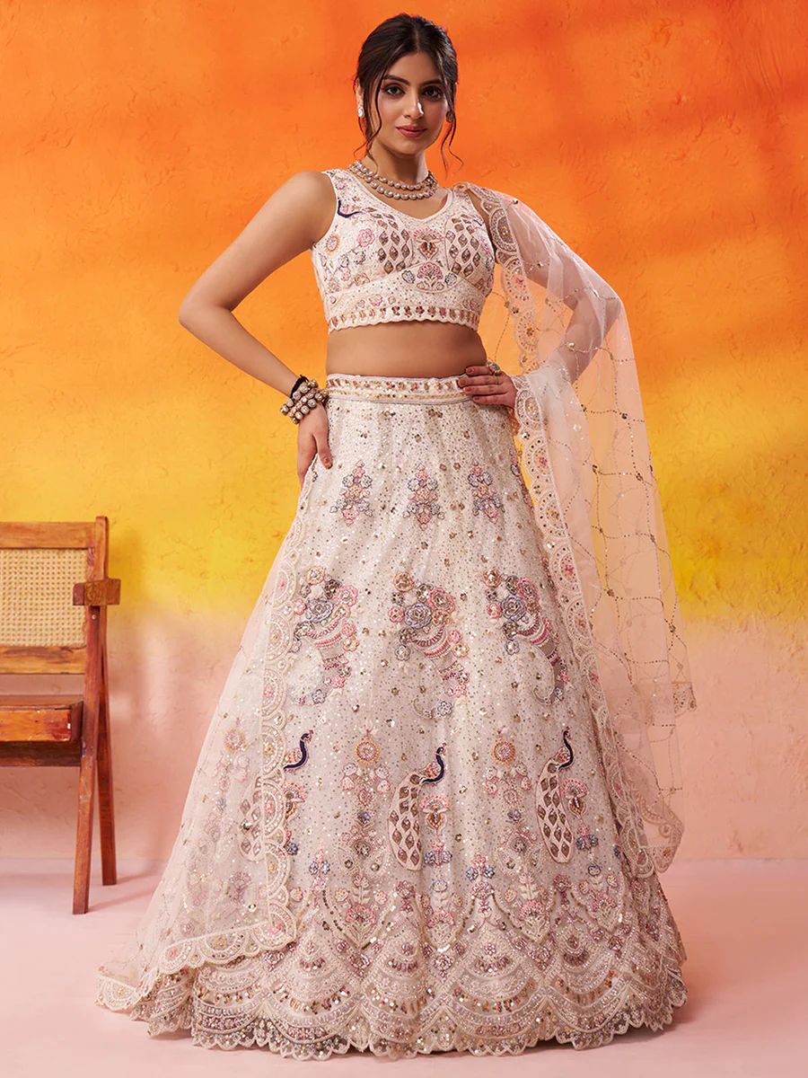 CREAM - Net Fabric Sequins embroidery Semi-Stitched Lehenga & Unstitched Blouse With Dupatta