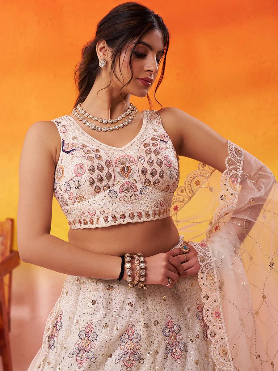 CREAM - Net Fabric Sequins embroidery Semi-Stitched Lehenga & Unstitched Blouse With Dupatta