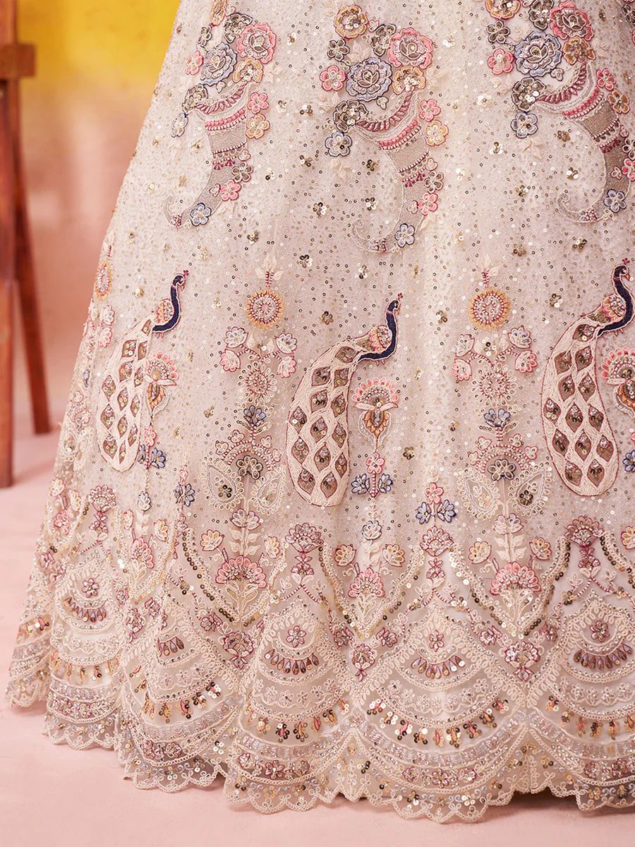 CREAM - Net Fabric Sequins embroidery Semi-Stitched Lehenga & Unstitched Blouse With Dupatta