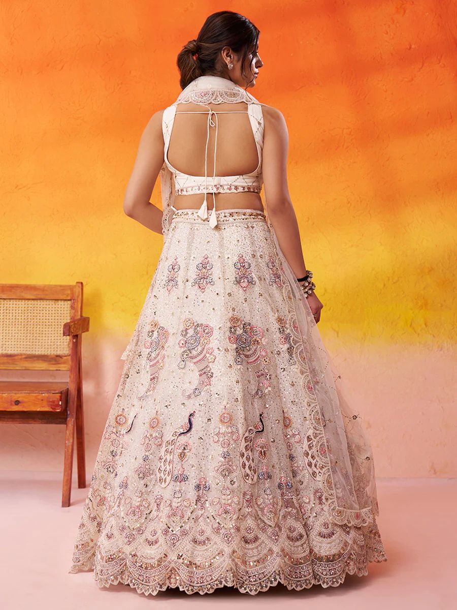 CREAM - Net Fabric Sequins embroidery Semi-Stitched Lehenga & Unstitched Blouse With Dupatta