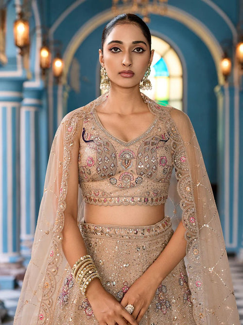 BEIGE - Net Fabric Sequins embroidery Semi-Stitched Lehenga & Unstitched Blouse With Dupatta