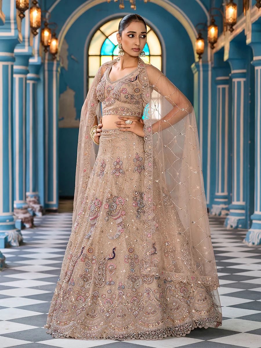 BEIGE - Net Fabric Sequins embroidery Semi-Stitched Lehenga & Unstitched Blouse With Dupatta