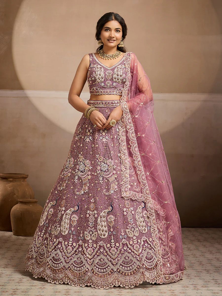 LAVENDER - Net Fabric Sequins embroidery Semi-Stitched Lehenga & Unstitched Blouse With Dupatta