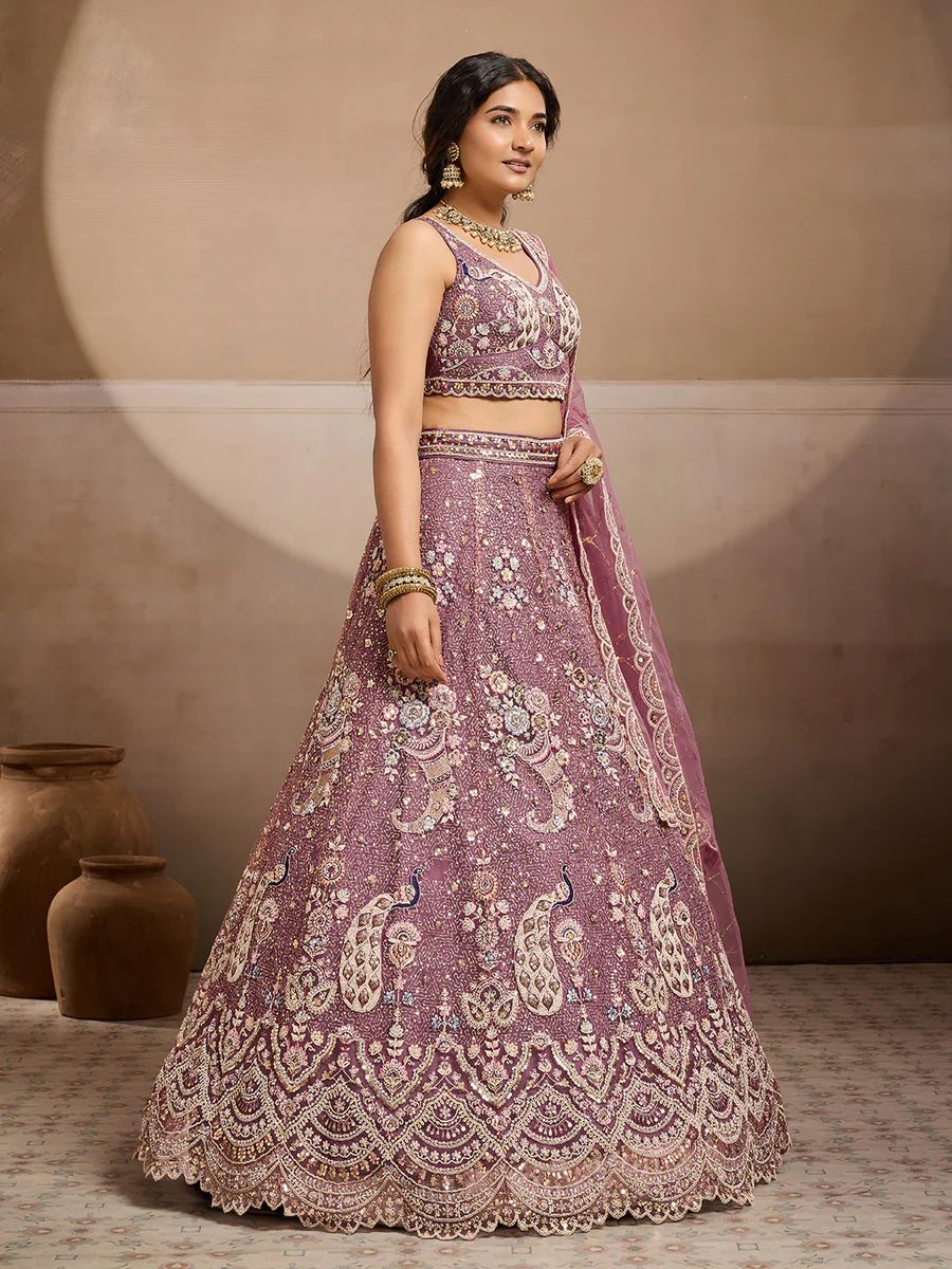 LAVENDER - Net Fabric Sequins embroidery Semi-Stitched Lehenga & Unstitched Blouse With Dupatta