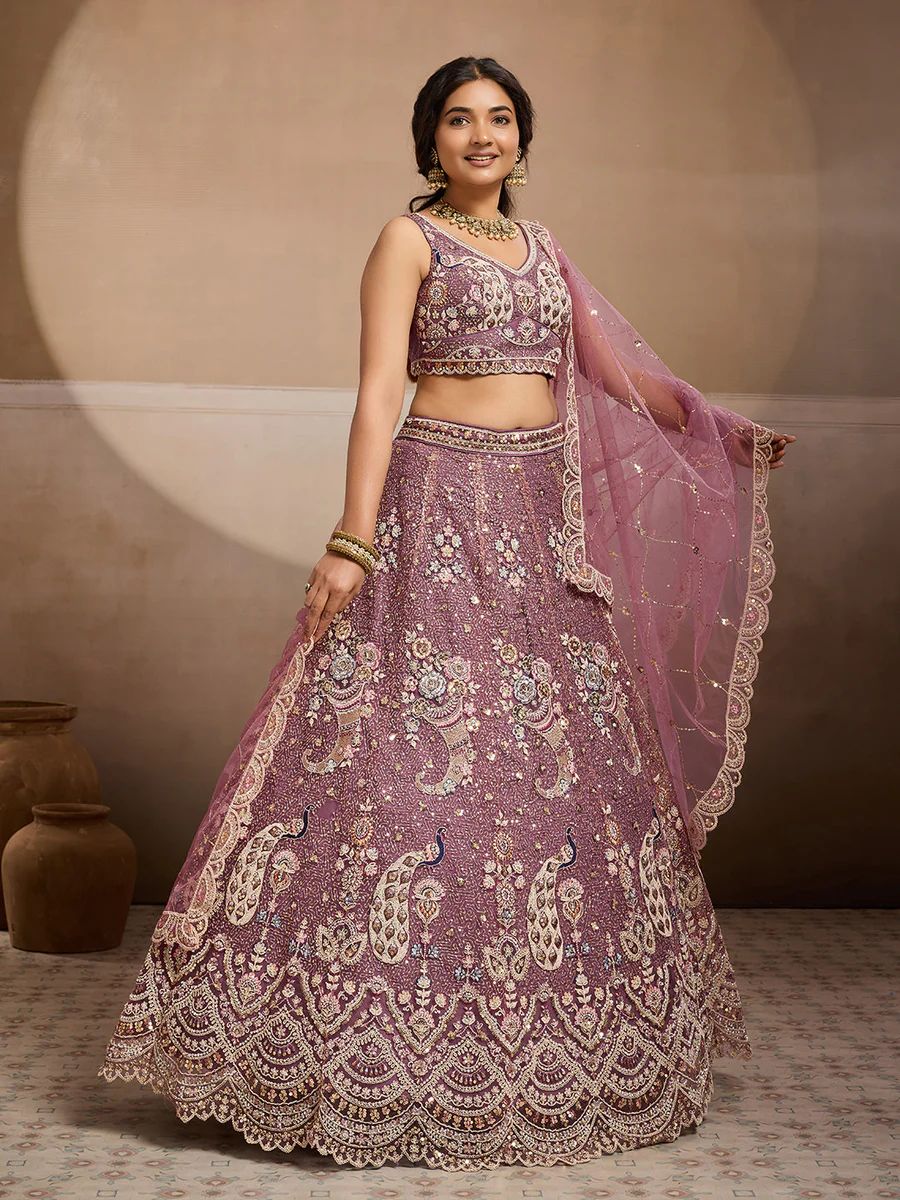 LAVENDER - Net Fabric Sequins embroidery Semi-Stitched Lehenga & Unstitched Blouse With Dupatta