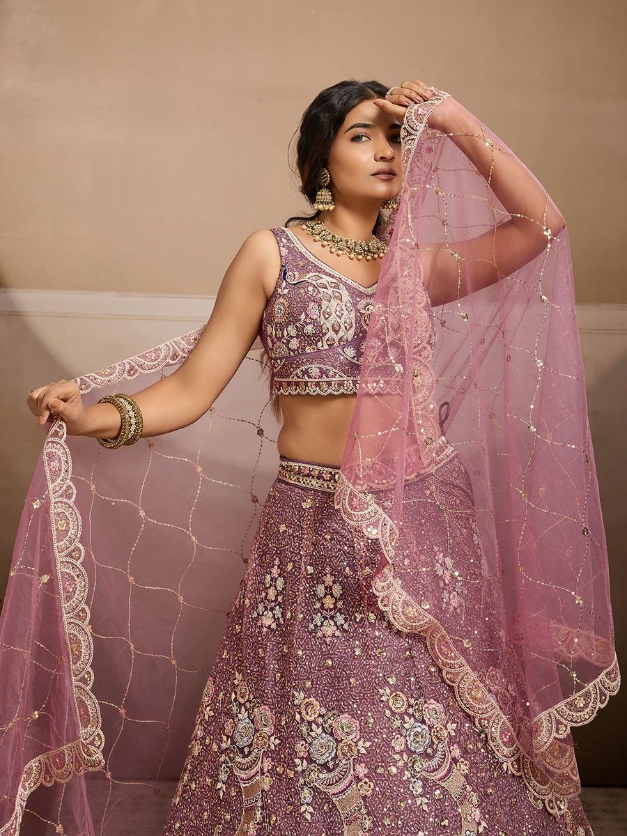 LAVENDER - Net Fabric Sequins embroidery Semi-Stitched Lehenga & Unstitched Blouse With Dupatta